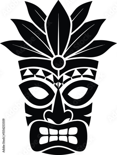 Black and White Stylized Tiki Mask with Leaves Vector