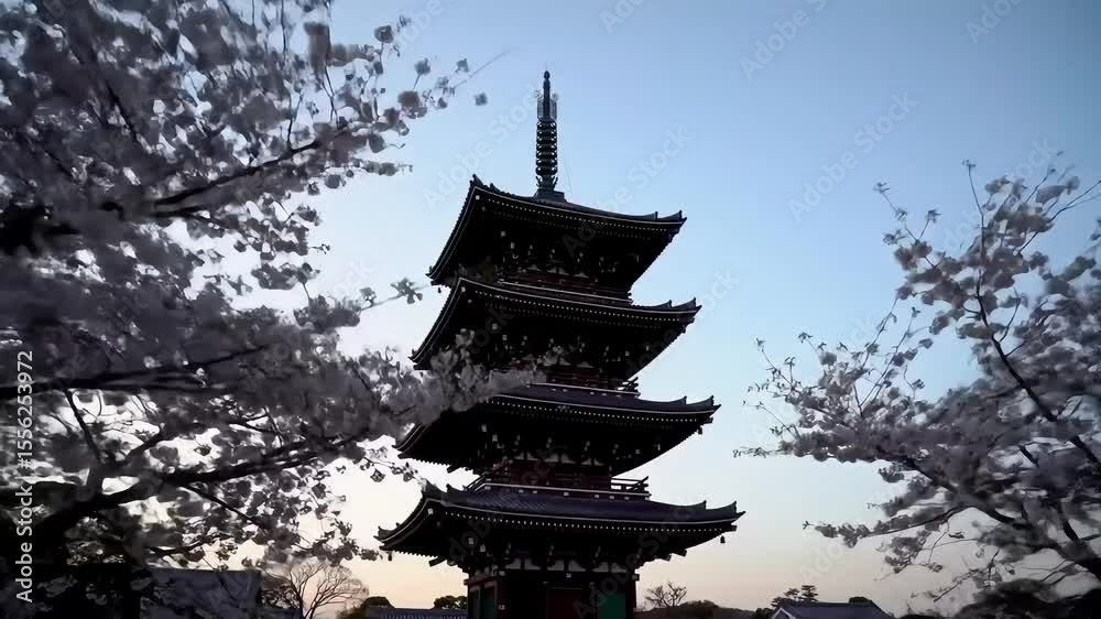 View of a traditional japanese pagoda framed by cherry blossoms against a blue sky backdrop View of a traditional japanese pagoda framed by cherry blossoms against a blue sky backdrop