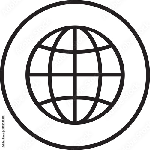Simple Black and White Globe Icon within a Circle Representing International Connection and Global Communication Minimalist Design