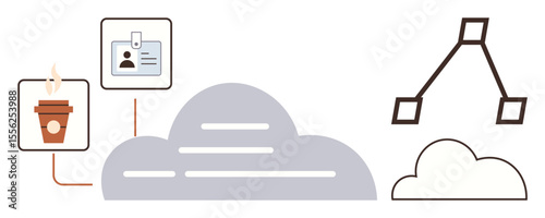 Cloud center links to coffee cup and ID, representing collaboration and workflow. Connection path leads to organizational workflow chart. Ideal for tech, remote work, networking, data flow