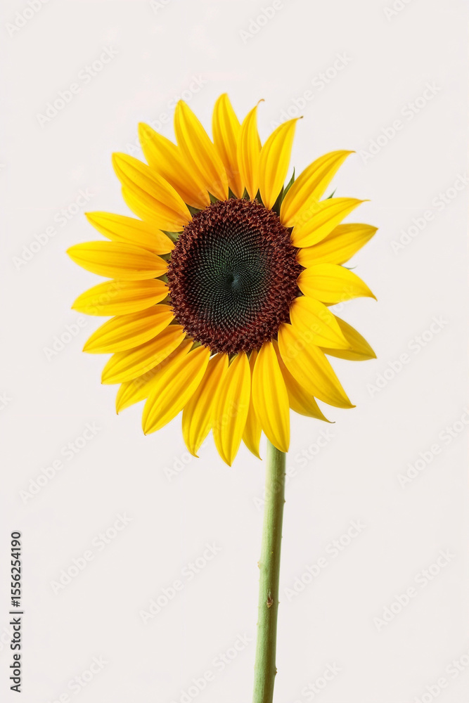 Obraz premium Bright yellow sunflower blossom with green leaves isolated on a clean white background