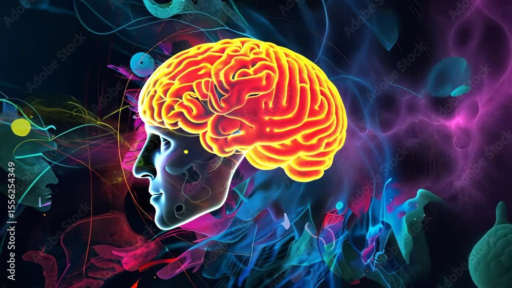 Abstract creative flow of ideas represented as colorful lines connecting multiple brains, dynamic network of connections