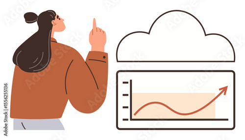 Woman gesturing towards a cloud and trending upward graph. Ideal for technology, data analysis, growth, cloud computing, business success, innovation, digital transformation. Simple flat metaphor