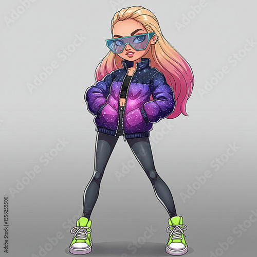Confident character in galaxy-inspired jacket and stylish outfit on a light background