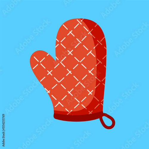 Red Oven Mitt with White Pattern on Blue Background