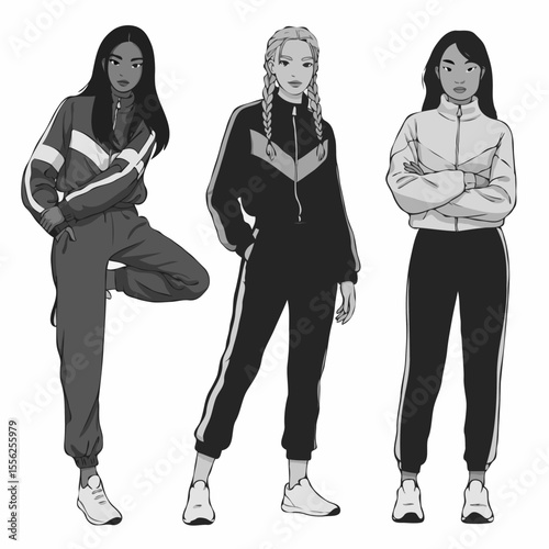 Three diverse young women in confident poses wearing stylish tracksuits on a white isolated background