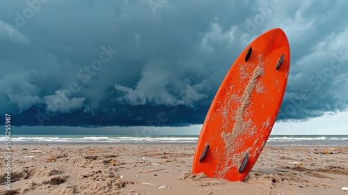 Stormy Beach Scene with Orange Surfboard on Sand Against Dark Clouds