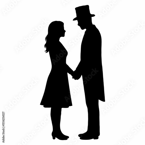 An elegant vintage couple silhouette in a romantic pose holding hands on an isolated white background with spaces for text