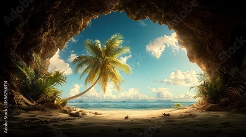 Tranquil Tropical Beach Scene with Palm Tree Framed by Scenic Cave Entrance