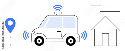 Smart car with wireless signals driving toward a house and location pin. Ideal for technology, innovation, mobility, transportation, GPS navigation, automation, smart city concepts, simple landing