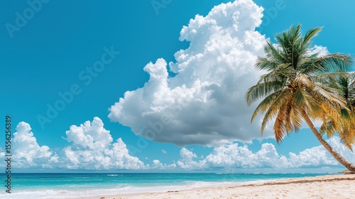 Tranquil Beach Scene with Palm Trees and White Clouds Against Azure Sky