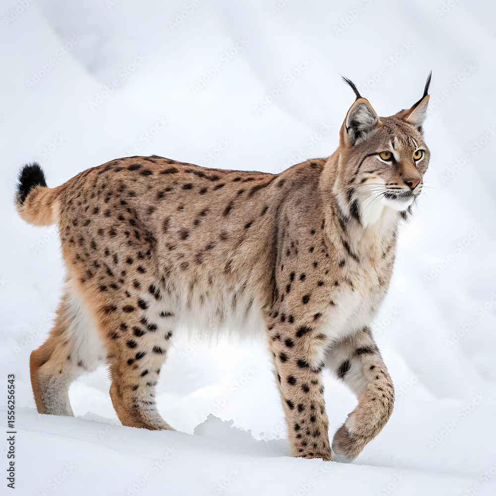 Obraz premium A lynx gracefully walks through a snowy landscape, its fur blending seamlessly with the winter scene, isolated on transparent background
