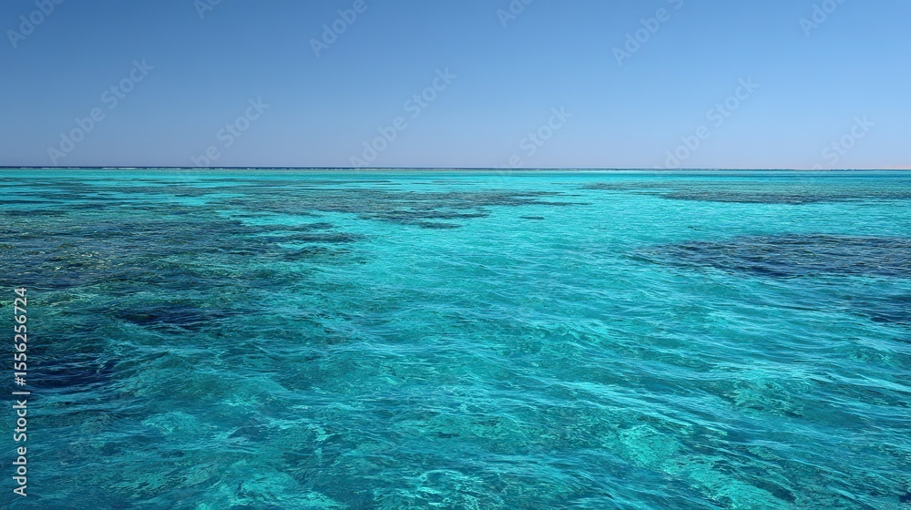 Obraz premium Clear blue sky and turquoise sea in isolated atoll, horizon with no land, crystal clear water, distant islands or coral reefs. Serene minimalist nature beauty.