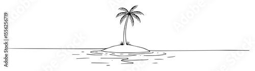 tropical island with palm tree outline vector minimal illustration