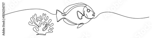 coral reef with fish underwater outline minimal vector