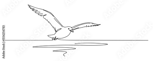 seagull flying over water outline minimal vector illustration