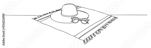 beach towel with hat and sunglasses outline vector