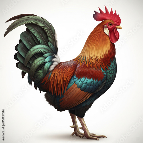 Side View of Rooster Showing Full Tail Feathers Isolated on White