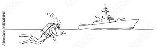 diver near navy ship underwater outline vector