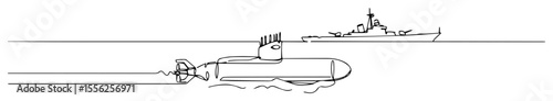 submarine and warship outline minimal vector illustration