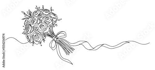 wedding bouquet with ribbon outline minimal vector