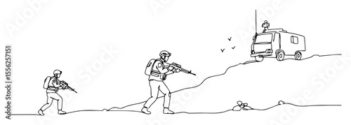 soldiers advancing toward enemy vehicle outline vector