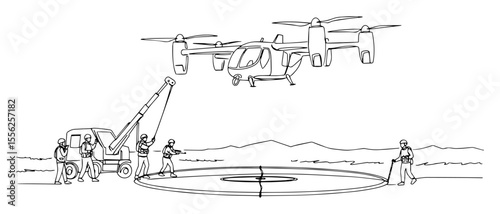 drone deployment with ground crew outline vector
