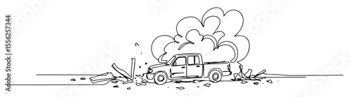 car explosion on battlefield outline vector illustration
