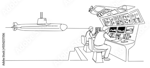 submarine control station with operators outline vector
