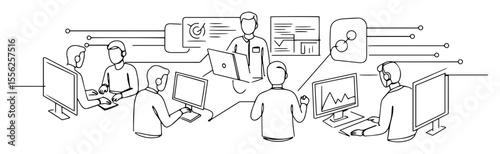 cyber operations center with analysts outline vector