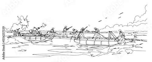 military engineers building pontoon bridge outline vector