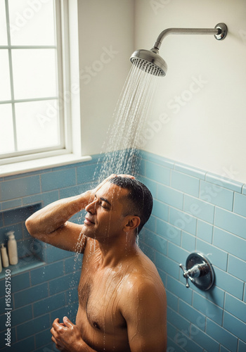 Man washing his hair under a shower in a bright bathroom.