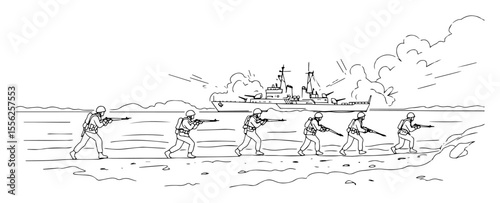 amphibious assault troops storming beach outline vector