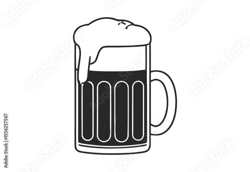 Stylized black and white illustration of a beer mug filled with foamy beer