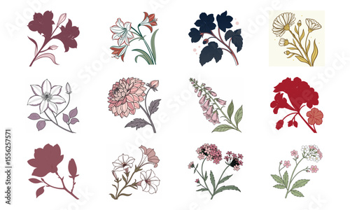 A beautiful decorative set of hand drawn botanical floral elements with delicate colors in a vector format