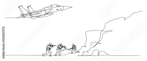 soldiers helping wounded comrade with jet overhead vector