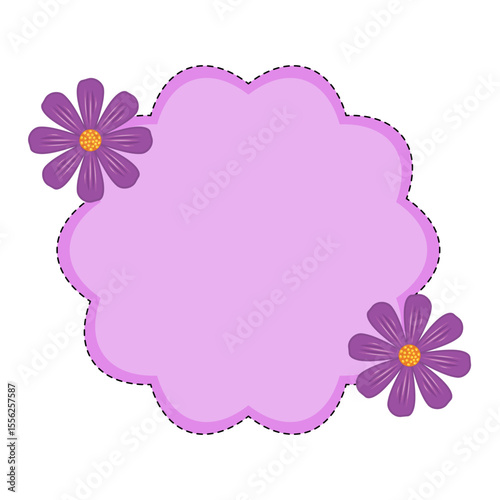 Purple Floral Label Frame with Dotted Border Vector Illustration. A decorative, scalloped edge label in purple with a dashed black outline, giving it a stitched appearance.