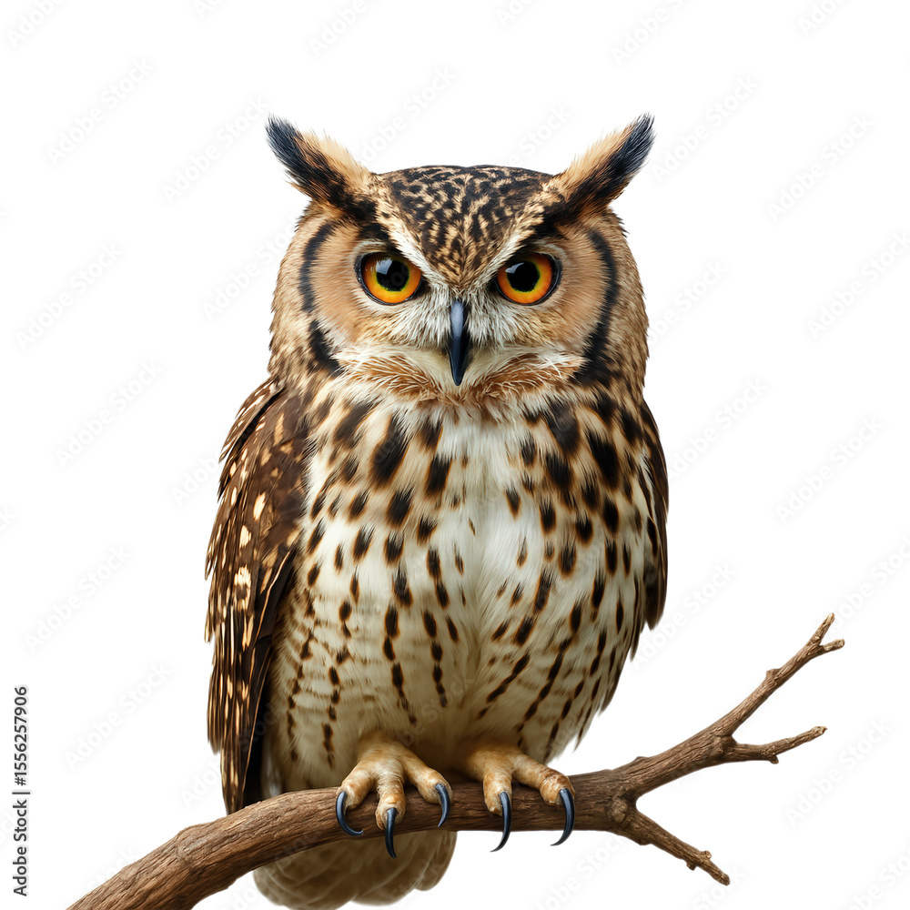 Naklejka premium Majestic Owl Perched on a Branch, Showcasing Striking Feathers and Intense Gaze, Isolated on Transparent and White Background