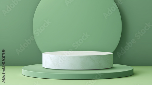 Minimalist Green Display Podium with Tropical Leaves in Natural Lighting
