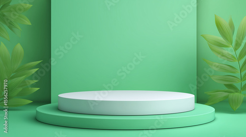 Minimalist Green Display Podium with Tropical Leaves in Natural Lighting
