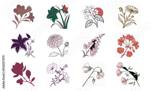 Botanical illustration set featuring delicate floral designs in varied styles for creative projects