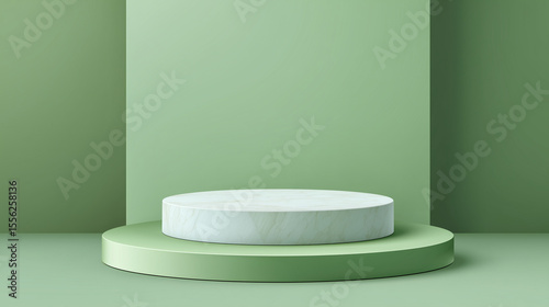 Minimalist Green Display Podium with Tropical Leaves in Natural Lighting
