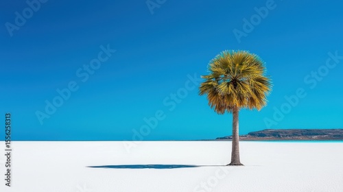Solitary Palm Tree on Vibrant Blue Sky Over a Bright White Landscape
