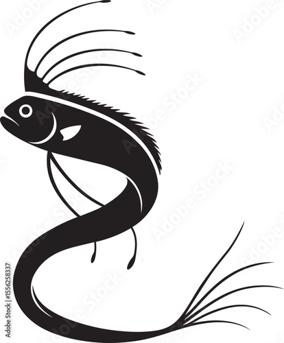 Oarfish stylized silhouette deep sea design, Long fish illustration black and white style