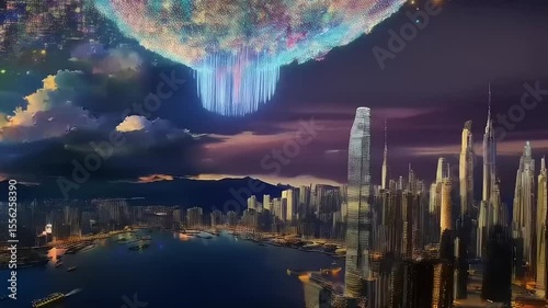 Fantastic Urban Dreamscape: A Floating Celestial Orb Above a Distant City Skyline