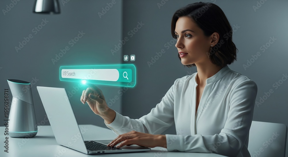 Woman Using Holographic Search Bar UI Woman Using Holographic Search Bar UI