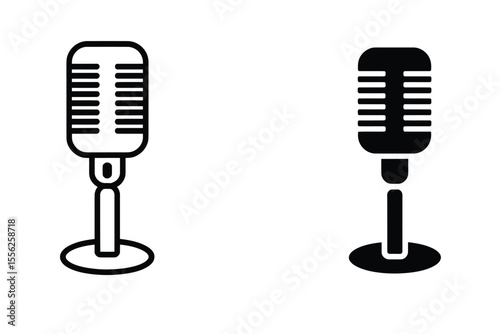 A simple black and white illustration of two vintage-style microphones on a white background