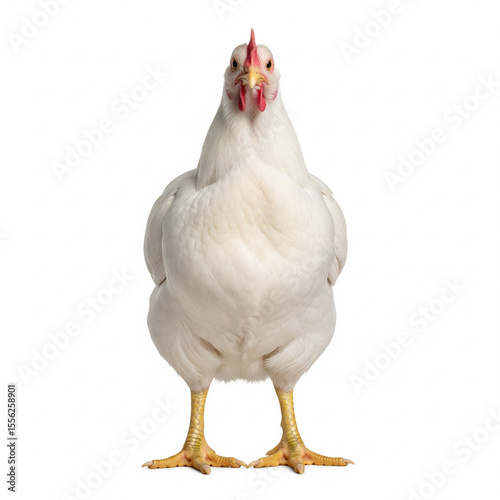 Front View of Healthy Broiler Chicken Standing Isolated on White