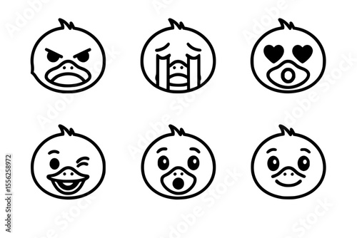 Set of Minimalist Duck Face Emojis Showing Various Emotions