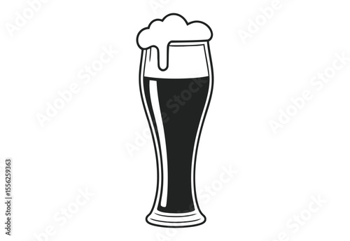 A simple black and white line art illustration of a pint glass filled with dark beer and frothy foam